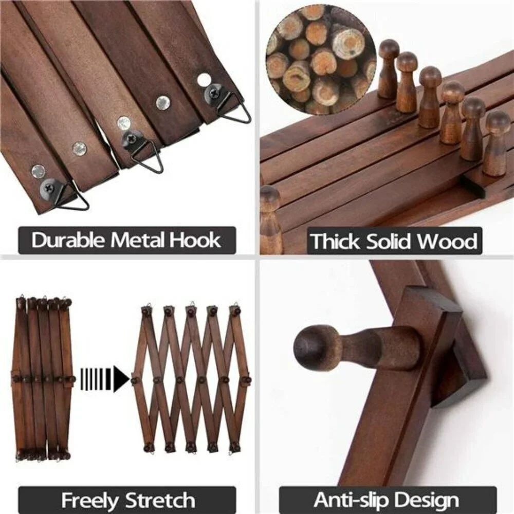 Expandable Hat Rack Wall Mount Wooden Hat Holder 16 Hooks Baseball Caps Bags